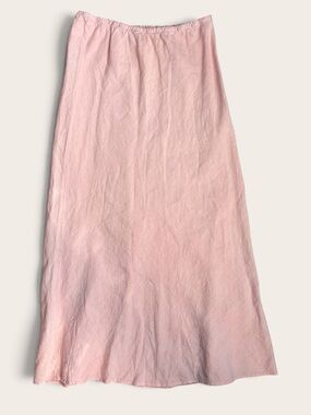 Bryn Walker 100% Linen Long Bias Maxi Skirt L Coral Pink Lagenlook USA Made EUC